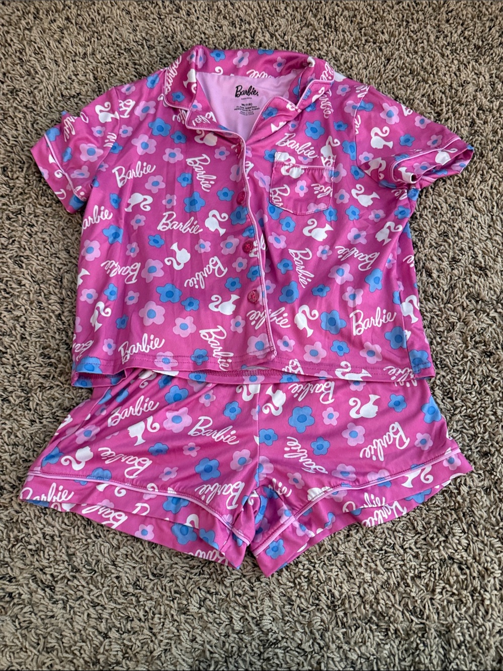 Barbie Pink Floral Logo Short Pajama Set with Blue Flowers